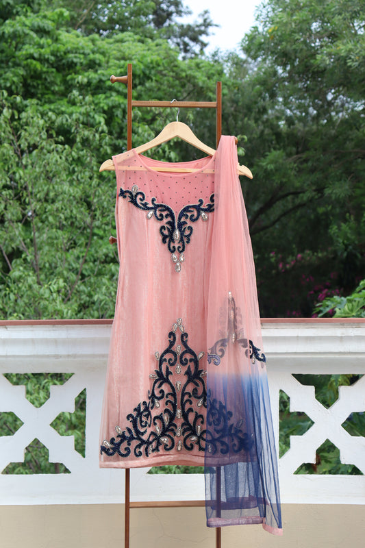 peach and navy blue embroidered suit