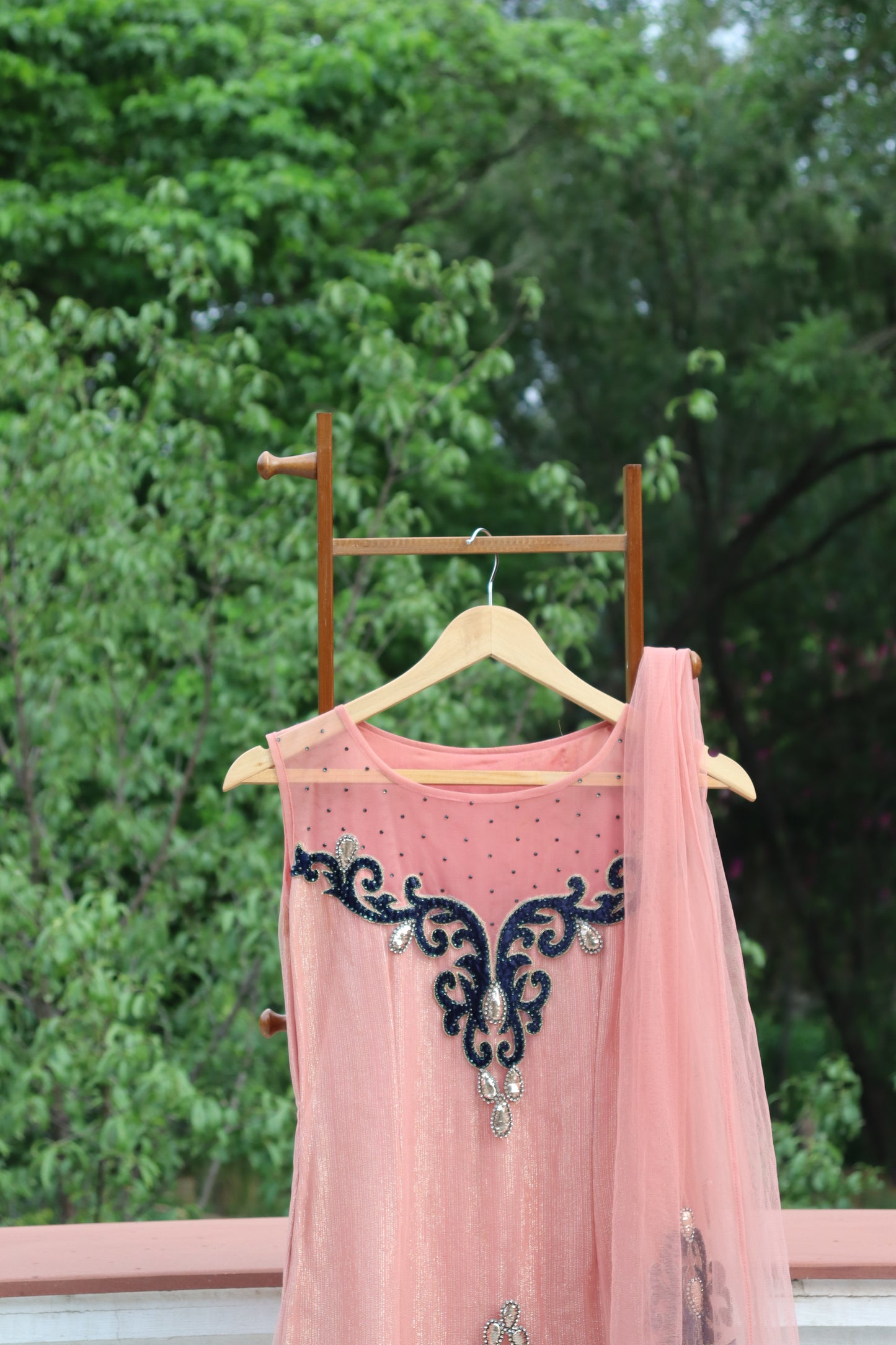 peach and navy blue embroidered suit