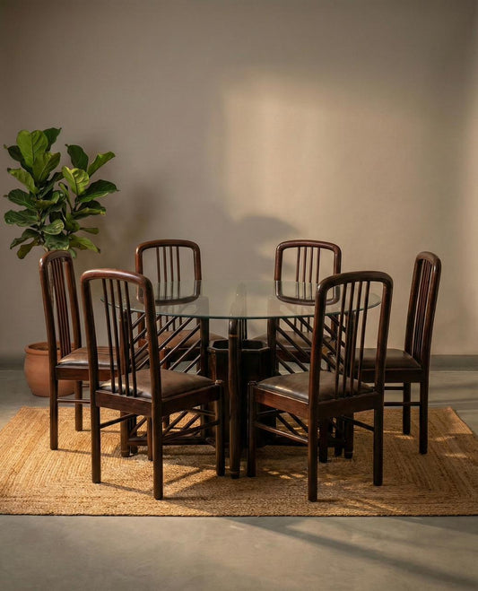 6 seater round glass dining table